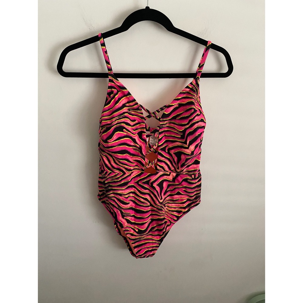 Salt + Cove Womens Neon Pink Zebra Lace Up One Piece Swimsuit Size M New Macy's